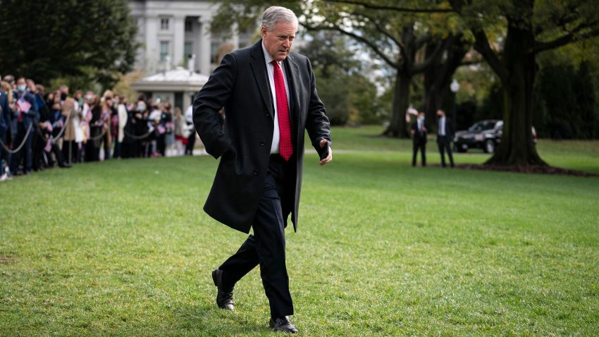 Then-White House Chief of Staff Mark Meadows walks along the South Lawn of the White House on October 30, 2020 in Washington, DC.