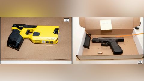 A Taser is shown on the left and a Glock to the right.