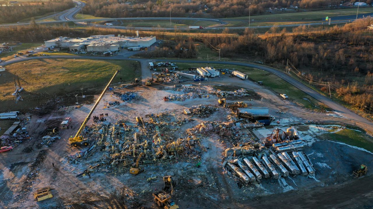 An aerial view of the damage to the candle factory in Mayfield, Kentucky.