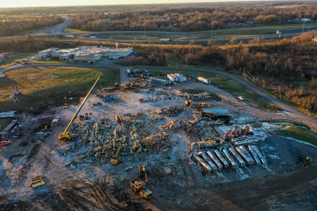  An aerial view of the damage  to the candle factory in Mayfield, Kentucky.