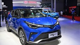 A Toyota IZOA electric car is seen during the 19th Shanghai International Automobile Industry Exhibition in Shanghai on April 19, 2021. (Photo by Hector RETAMAL / AFP) (Photo by HECTOR RETAMAL/AFP via Getty Images)