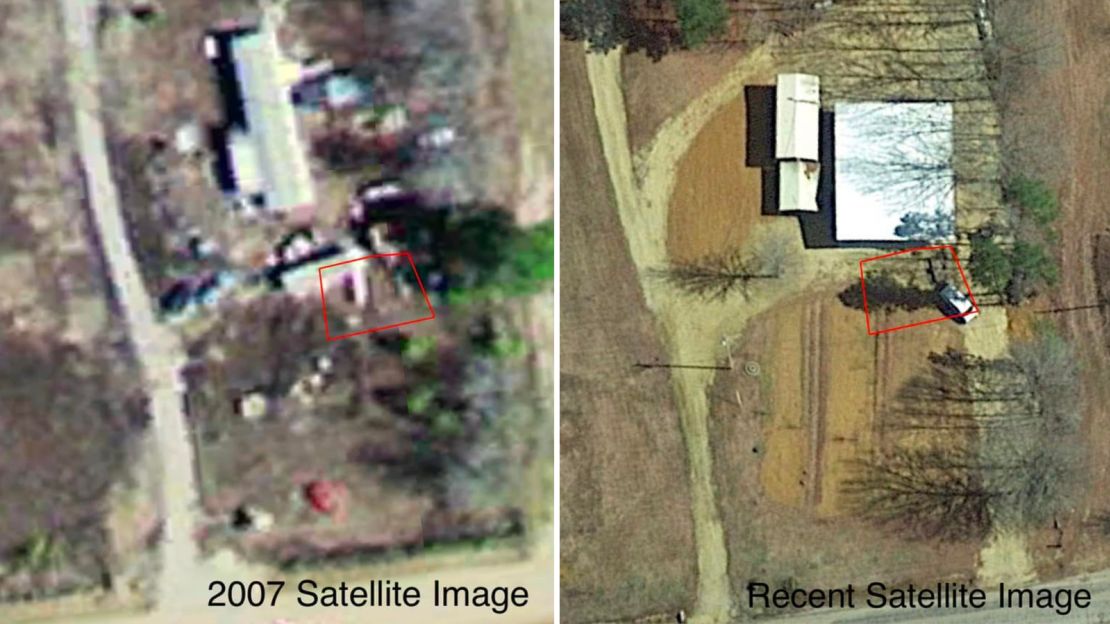Satellite images compare site of search in 2007 and present day.
