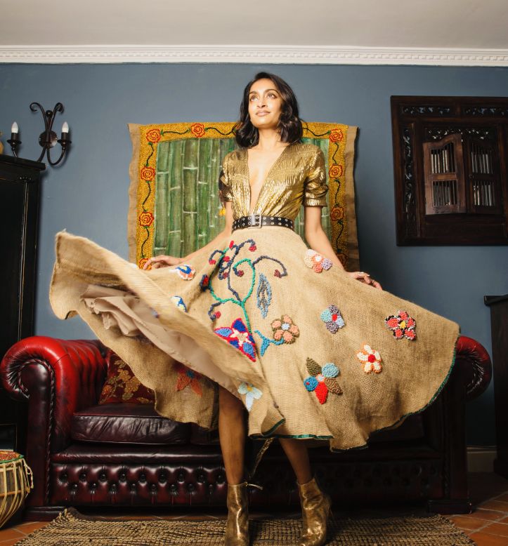 Moodley took an unusual path to fashion, starting her career as an accountant. Her formal introduction to the world of custom-made garments came two years ago when she crafted this skirt out of sackcloth and a bodice from an old breastfeeding bra -- and wore it to a fashion show.  