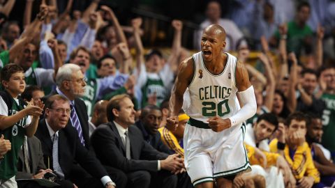 Ray Allen celebrating during Game 6 of the 2008 NBA Finals against the LA Lakers.