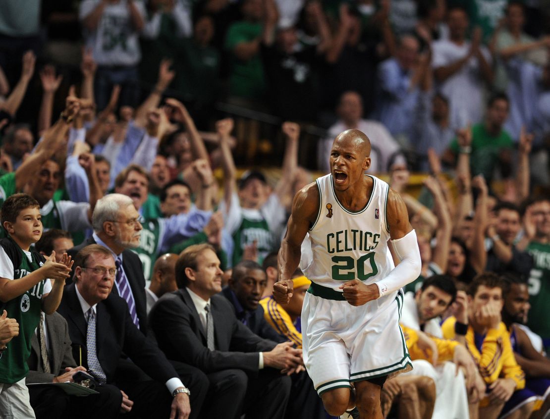Ray Allen celebrating during Game 6 of the 2008 NBA Finals against the LA Lakers.
