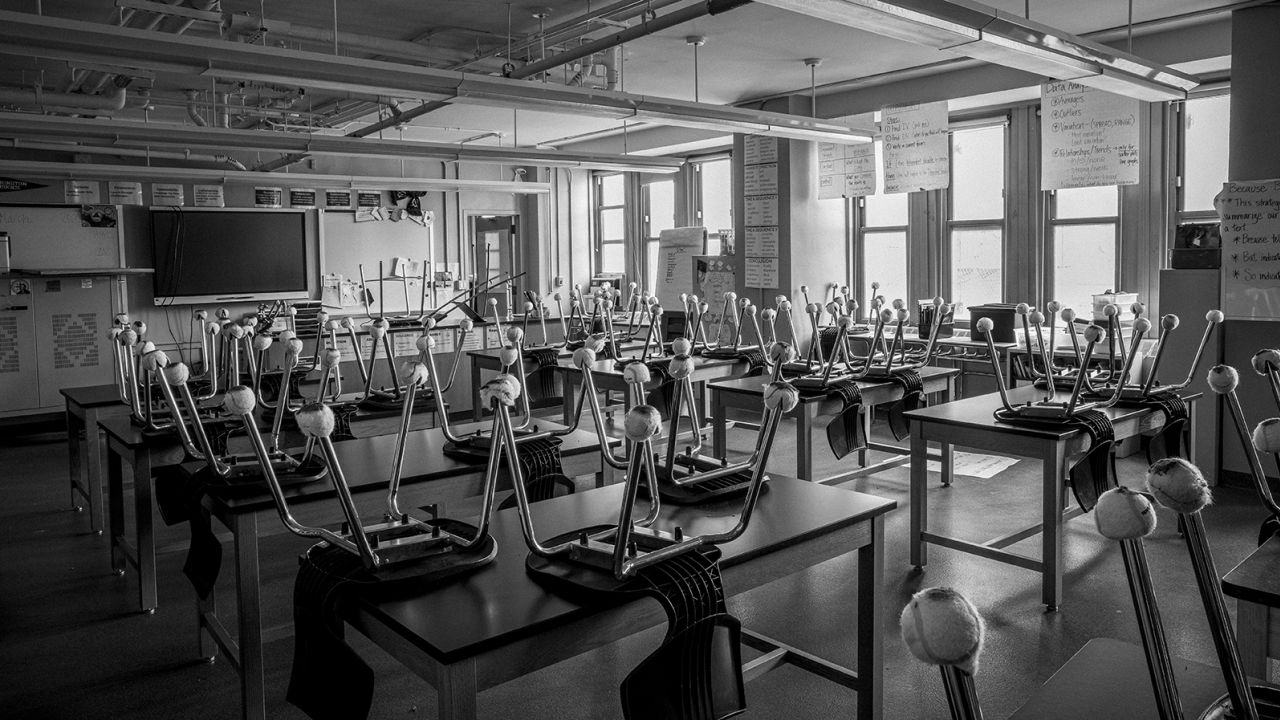 A science classroom at Washington Heights Expeditionary Learning School in Harlem sits empty in July 2020.