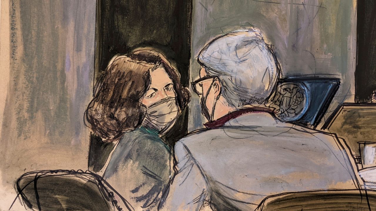 This courtroom sketch shows Ghislaine Maxwell, left, conferring with her defense attorney Bobbi Sternheim before the start of her sex abuse trial today, Thursday Dec. 9, 2021, in New York. (AP Photo/Elizabeth Williams)