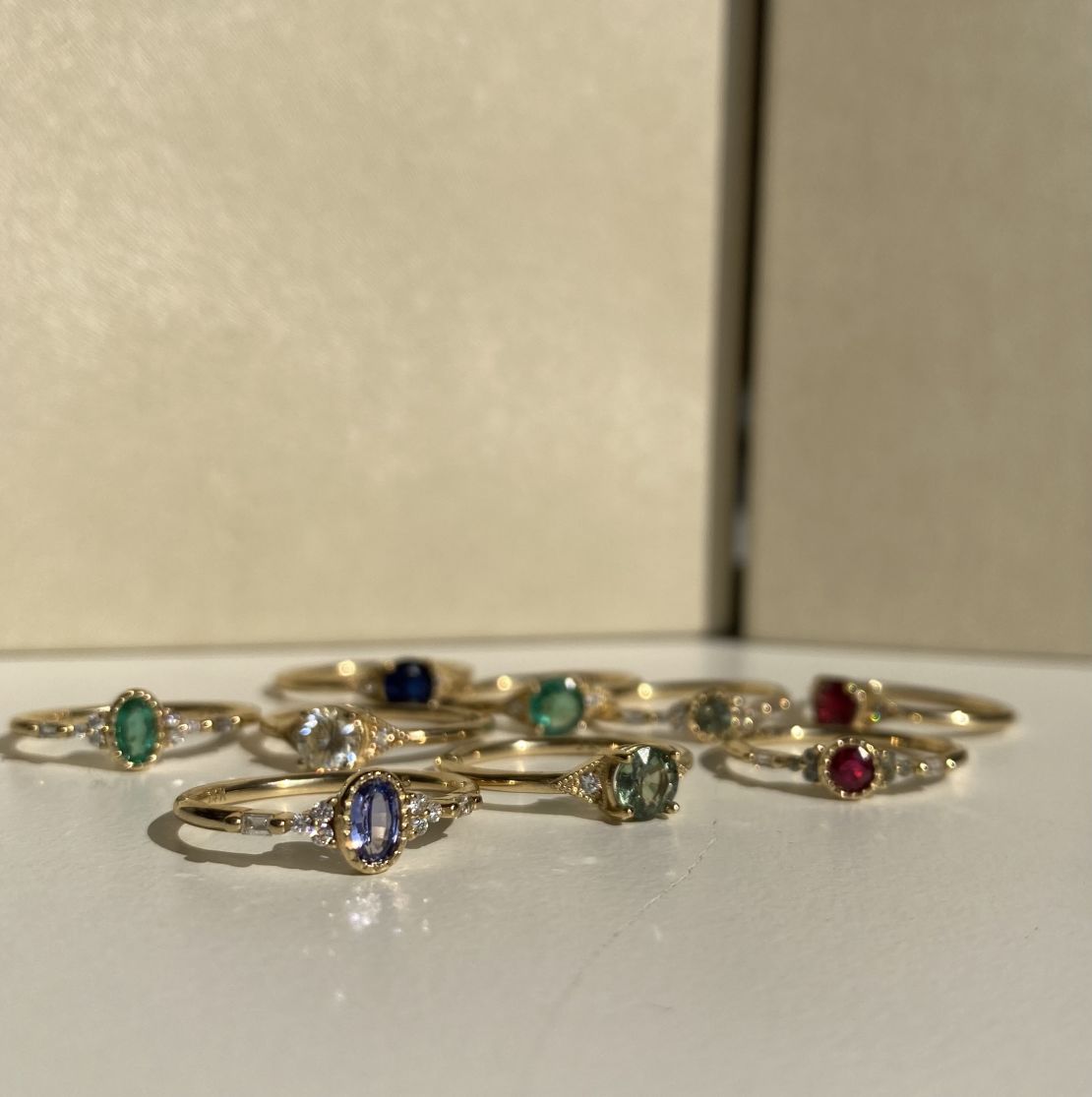 Jennie Kwon's delicate, romantic and colorful styles featuring green sapphires, blue sapphires and rubies.