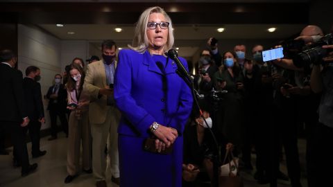 Rep. Liz Cheney (R-WY) talks to reporters after House Republicans voted to remove her as conference chair in the U.S. Capitol Visitors Center on May 12, 2021 in Washington, DC.