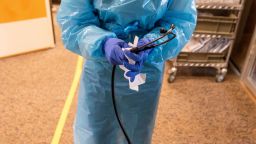 GRANTS PASS, OR - A nurse at  at Three Rivers Asante Medical Center disinfects her stethoscope after treating a patient in the COVID-19 Intensive Care Unit  (Photo by Nathan Howard/Getty Images)