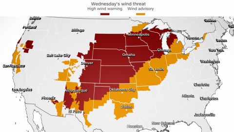 Over 80 million people are under wind alerts as damaging winds, some over hurricane-force (74 mph) are expected for much of the central US Wednesday.