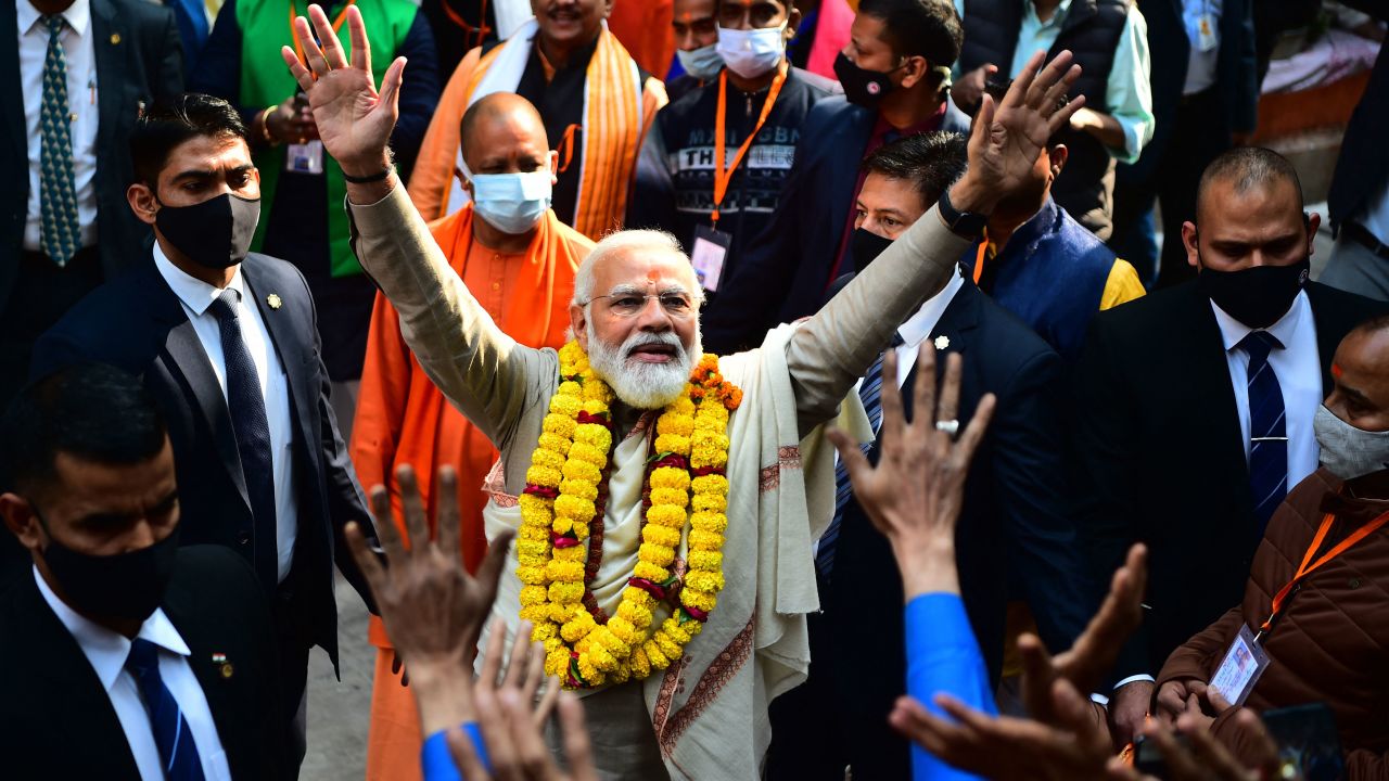 Indian Prime Minister Narendra Modi arrives to inaugurate the Kashi Vishwanath Dham Corridor, in Varanasi on December 13, 2021. 