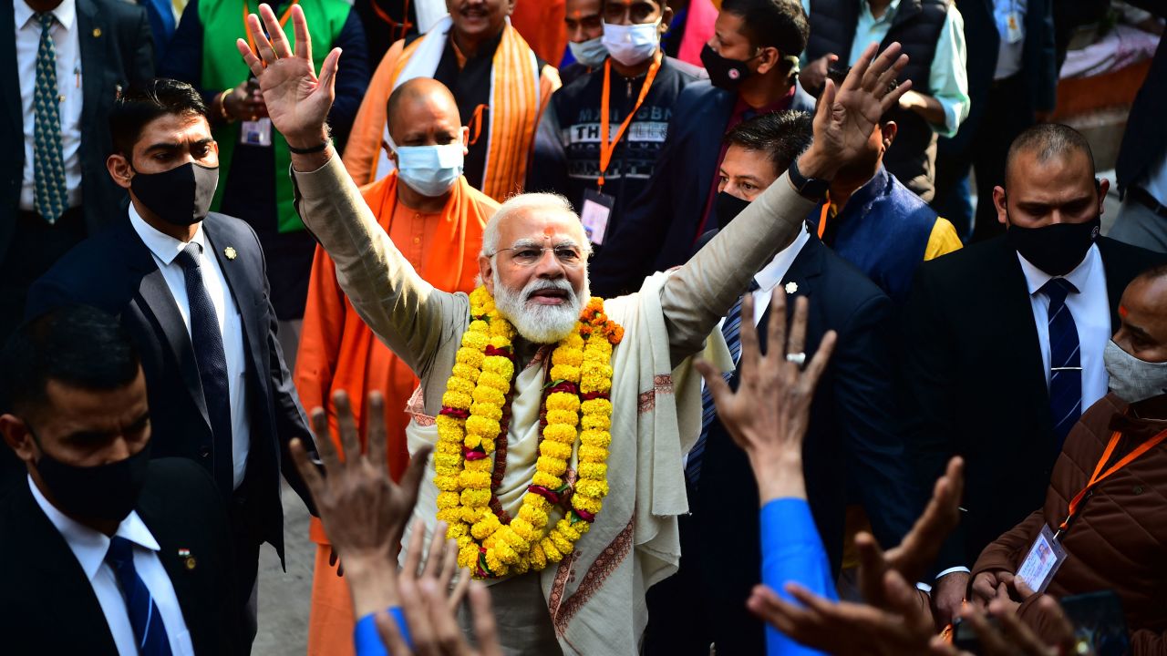 Indian Prime Minister Narendra Modi arrives to inaugurate the Kashi Vishwanath Dham Corridor, in Varanasi on December 13, 2021.