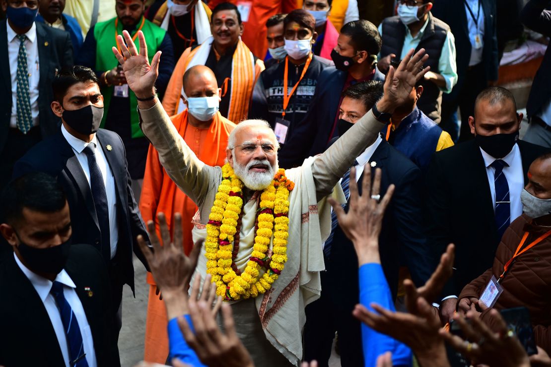 Indian Prime Minister Narendra Modi arrives to inaugurate the Kashi Vishwanath Dham Corridor, in Varanasi on December 13, 2021. 