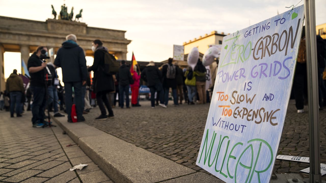 Demonstrators in support of nuclear power outside Berlin's Brandenburg Gate on Saturday, November 13.