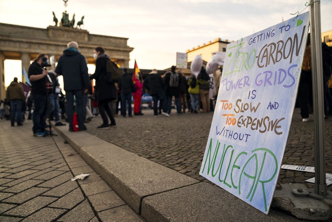 Demonstrators in support of nuclear power outside Berlin's Brandenburg Gate on Saturday, November 13.