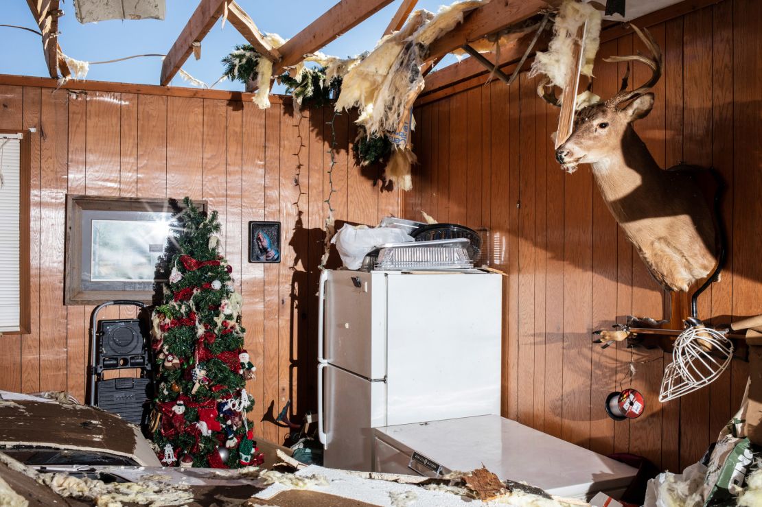 A Christmas tree remains standing in the garage of the Bruces' destroyed home.