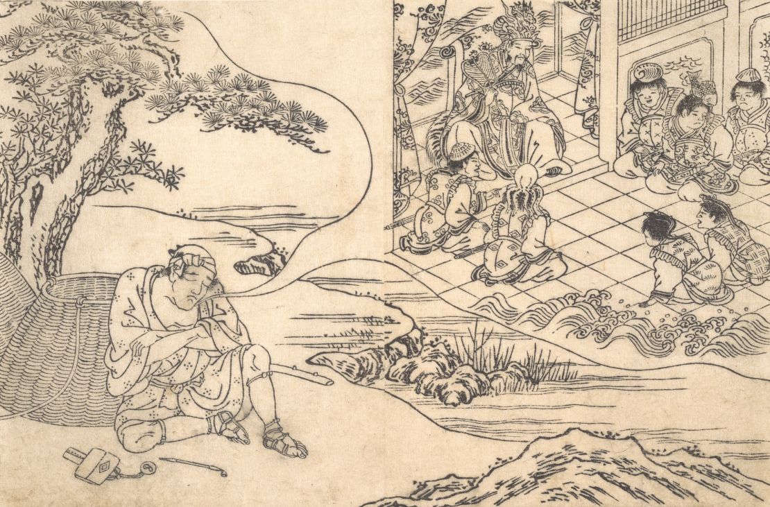 This is a woodblock print of a fisherman dreaming, circa 1700, Japan. The artist is unknown. 