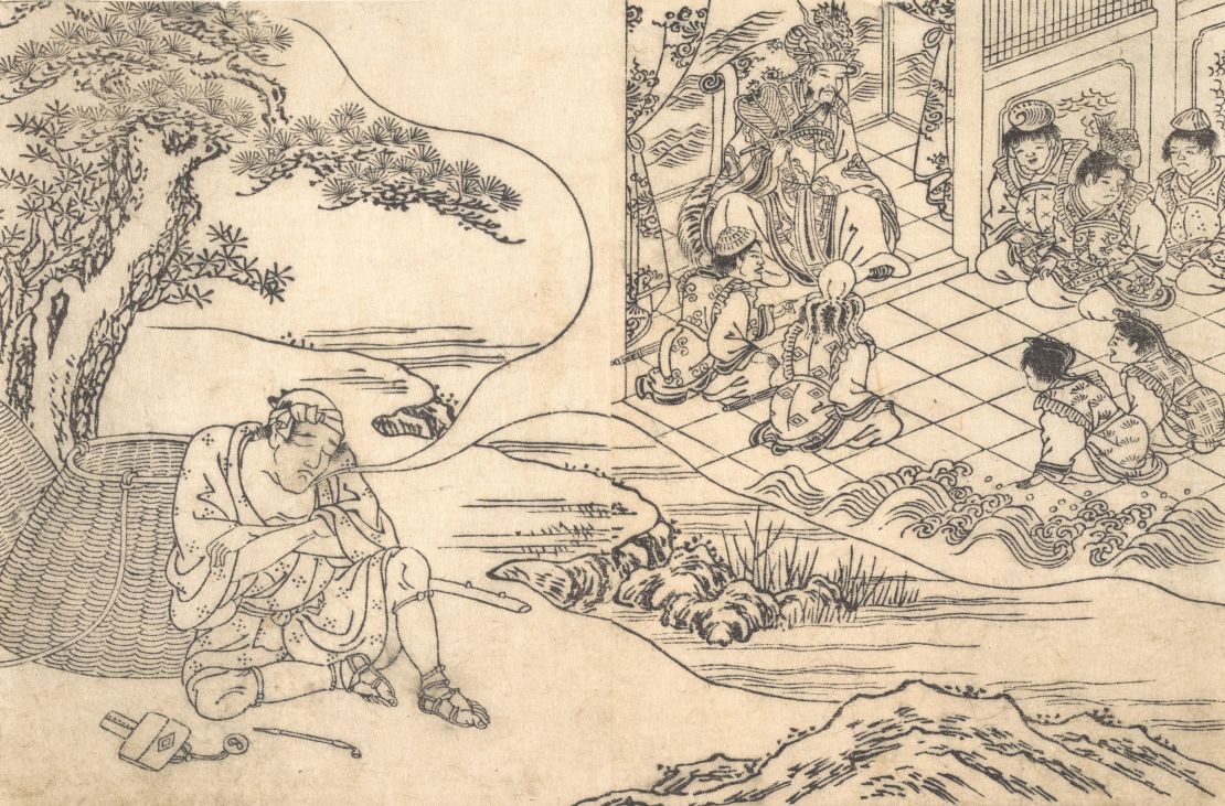 This is a woodblock print of a fisherman dreaming, circa 1700, Japan. The artist is unknown.