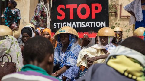 People protest on June 22, 2019 in front of the Ouagadougou courthouse to demand "truth and justice" for the victims of a terrorist attack in Yirgou that left 49 dead.