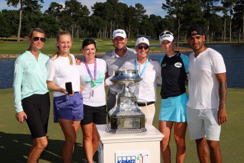 Nelly has enjoyed somewhat of a coming of age year in 2021. As well as winning gold at the Olympics in Tokyo, she won four times on the LPGA Tour this season -- bringing her total victories on the tour to seven -- including her debut major, finishing first at the Women's PGA Championship in June. She celebrates with her family -- including mother Regina (far left) and Jessica (second left) -- after winning the Women's PGA Championship.