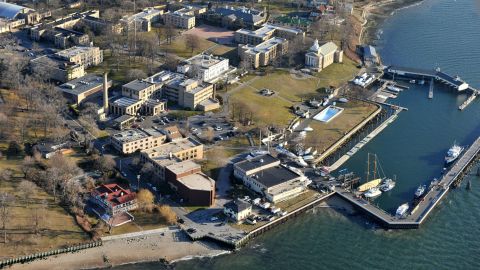 Feb. 17, 2012 - Kings Point, NY, United States - Shown is an aerial photo taken February 18, 2012 of the United States Merchant Marine Academy in Kings Point, NY. The federal government shutdown has given hundreds of students at the U.S. Merchant Marine Academy in Kings Point an early break. Unlike the other U.S. service academies, the Merchant Marine Academy on Long Island is operated by the Department of Transportation. Because of the government shutdown, officials at the academy decided to start an annual fall break on Friday October 4, 2013 instead of Nov. 1. (Credit Image: © Kevin Coughlin/ZUMAPRESS.com)