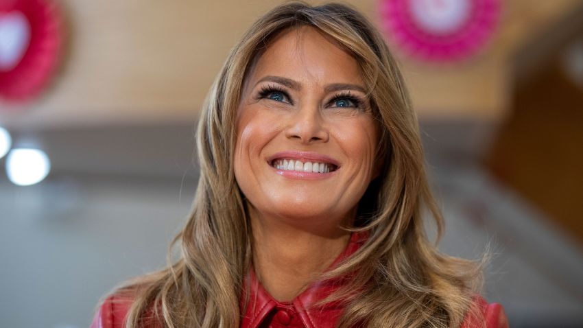 BETHESDA, MARYLAND - FEBRUARY 14: First Lady Melania Trump visits the Children's Inn at National Institutes of Health on Valentine's Day on on February 14, 2020 in Bethesda, Maryland. (Photo by Tasos Katopodis/Getty Images)