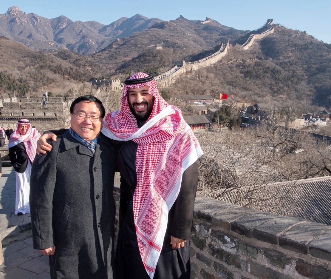 Saudi Arabia's Crown Prince Mohammed bin Salman poses for camera with the Chinese Ambassador to Saudi Arabia Li Huaxin during a visit to Great Wall of China in Beijing, China February 21, 2019. 