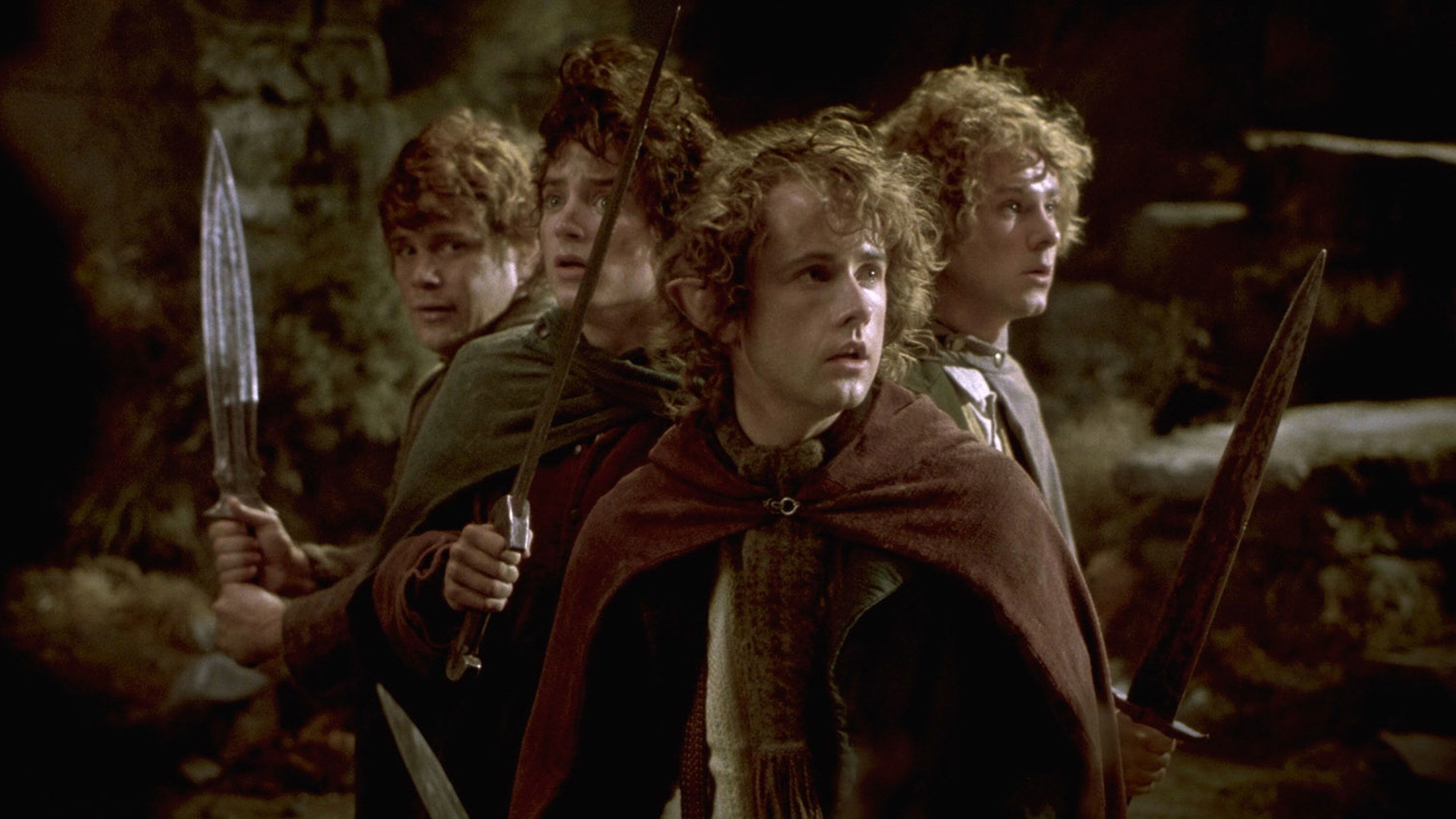 THE LORD OF THE RINGS: FELLOWSHIP OF THE RING, Sean Astin, Elijah Wood, Billy Boyd, Dominic Monaghan, 2001