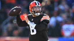Baker Mayfield #6 of the Cleveland Browns throws a pass against the Baltimore Ravens in the first half at FirstEnergy Stadium on December 12, 2021 in Cleveland, Ohio. 