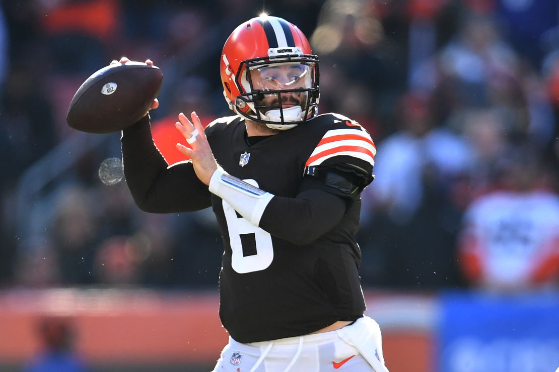 Baker Mayfield passing against the Baltimore Ravens on December 12, 2021 in Cleveland. 