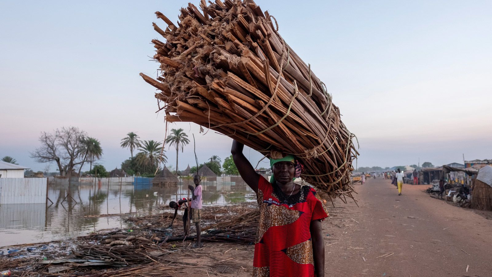 A woman carries dried wood to build a temporary shelter for her displaced family. "I now just need to find some plastic sheets," she told Rich.