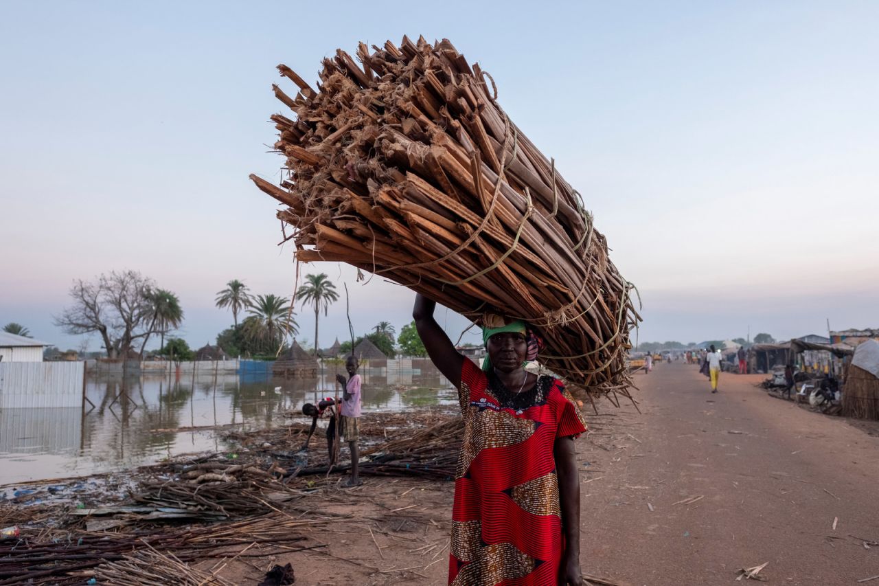 A woman carries dried wood to build a temporary shelter for her displaced family. "I now just need to find some plastic sheets," she told Rich.