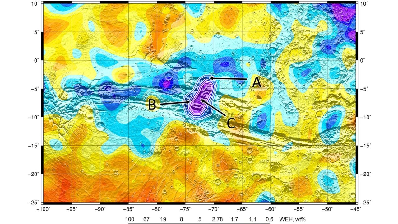 This map shows the highest concentrations of water in blue and purple, as detected by the orbiter.