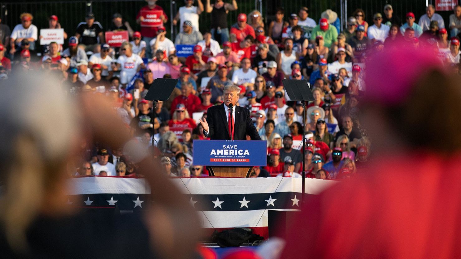 Former U.S. President Donald Trump speaks to supporters during a rally at the Lorain County Fairgrounds on June 26, 2021 in Wellington, Ohio. 