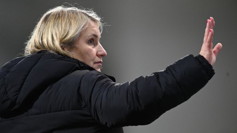 WOLFSBURG, GERMANY - DECEMBER 16: Emma Hayes, manager of Chelsea waves goodbye during the UEFA Women's Champions League group A match between VfL Wolfsburg and Chelsea FC Women at AOK-Stadion on December 16, 2021 in Wolfsburg, Germany. (Photo by Stuart Franklin/Getty Images)