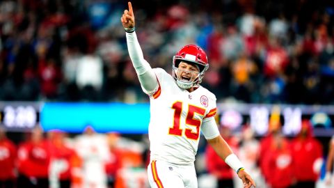 Patrick Mahomes celebrates as the Kansas City Chiefs defeat the Los Angeles Chargers 34-28 in overtime.