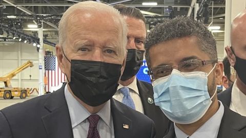 Mayor-elect Ghalib met President Joe Biden during the opening of GM's Factory Zero, the new name for its Detroit-Hamtramck plant, in November.