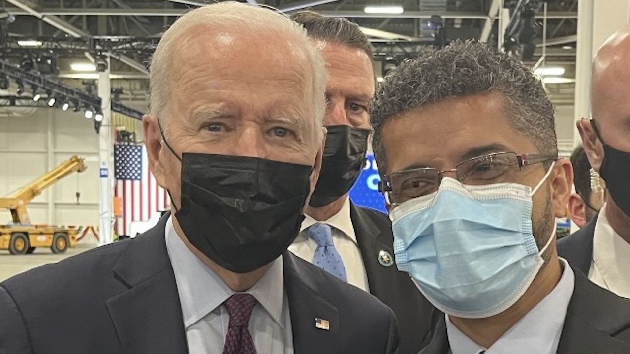 Mayor-elect Ghalib met President Joe Biden during the opening of GM's Factory Zero, the new name for its Detroit-Hamtramck plant, in November.