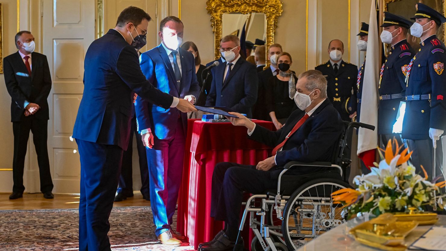 Czech Foreign Minister Jan Lipavsky (left) receives his certificate of appointment by Czech President Milos Zeman (right) during a appointment ceremony of the new Czech cabinet, on December 17, 2021.