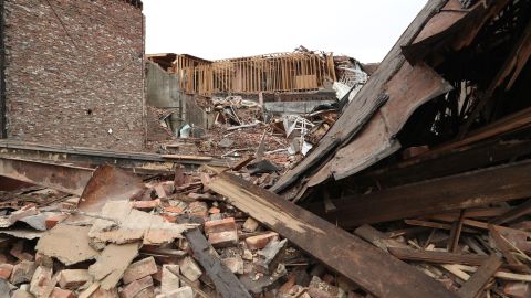 Rubble from destroyed offices is seen in downtown Mayfield on December 15.