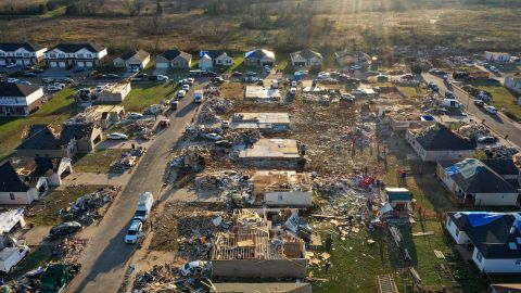An aerial view of damaged houses in Bowling Green, Kentucky, seen on December 15, 2021