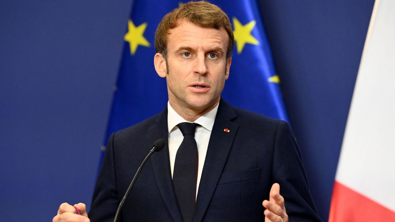 France's President Emmanuel Macron is seen at a December 13, 2021, press conference, months before the country's presidential election.