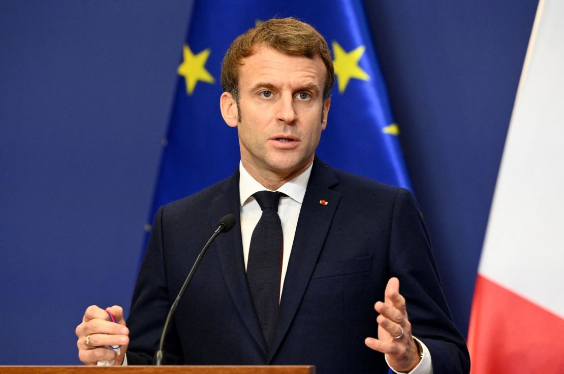 France's President Emmanuel Macron is seen at a December 13, 2021, press conference, months before the country's presidential election. 