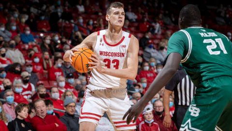 Wisconsin Badgers center Chris Vogt handles the ball during an NCAA college men's basketball game against the University of Green Bay Phoenix.
