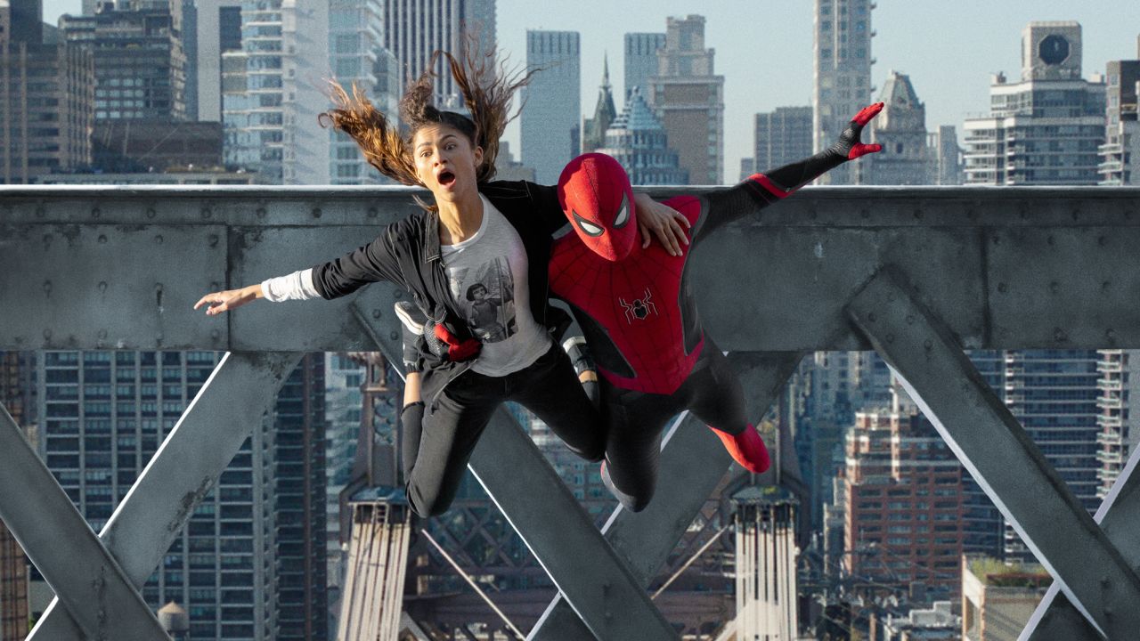 MJ (Zendaya) and Spider-Man (Tom Holland) jump off the bridge in "Spider-Man: No Way Home."