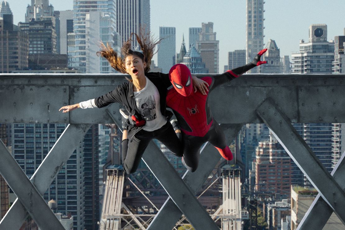 MJ (Zendaya) and Spider-Man (Tom Holland) jump off the bridge in "Spider-Man: No Way Home."