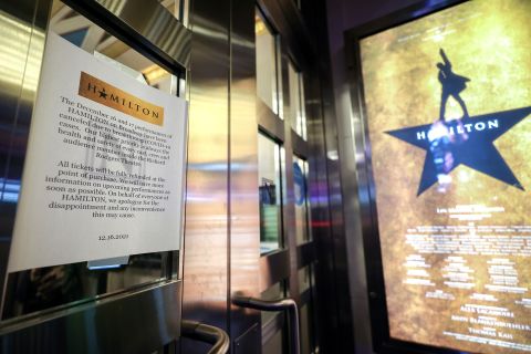 A sign indicating canceled performances hangs at the front entrance of the Richard Rodgers Theatre in New York on December 16.