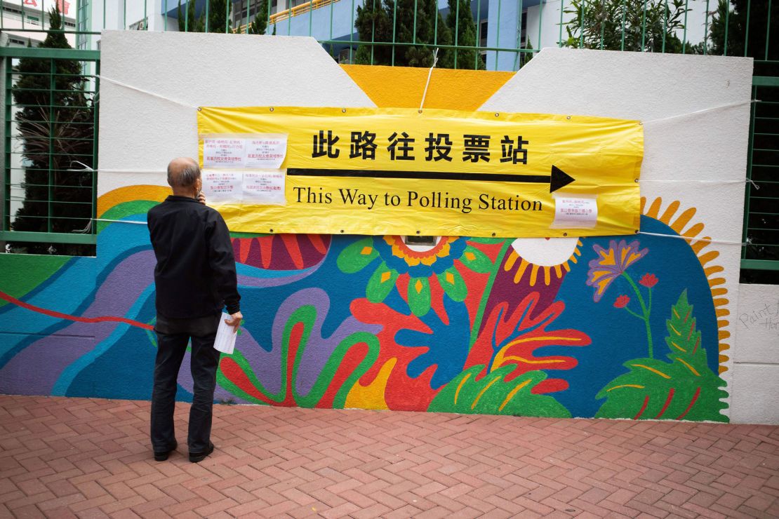 A banner outside a polling station in Hong Kong during the Legislative Council election on December 19.