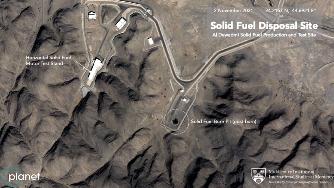 Satellite image captured on November 2 shows the facility is operating a "burn pit" to dispose of solid-propellant leftover from the production of ballistic missiles. 